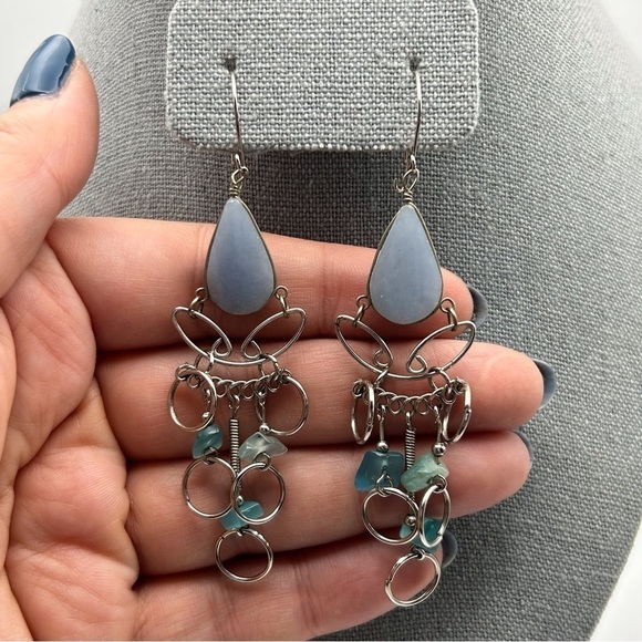 Genuine Blue Quartz Long Dangle Earrings Silver Tone Textured Hoops - Picture 2 of 4